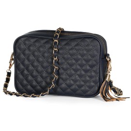 Mabel London Womens Quilted Cross-body Small Bag with Long Metal Embelishment Chain Strap - Tasseled and Trendy - Mia (Design 1 - Deep Navy)