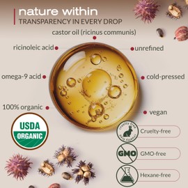 Ella & Eden Organic Castor Oil – Cold-Pressed Hexane-Free Unrefined - For Hair Growth, Skin and Face - USDA Certified & 100% Pure - 32 fl oz