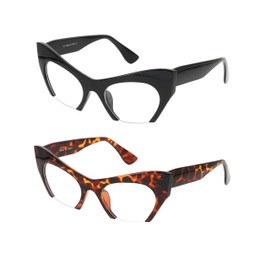 Cat Eye Eyeglasses Women Retro Vintage Razor Clear Lens Style Half Cut Off Frame (2 PACK: Black and Tortoise)