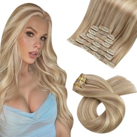 Moresoo Blonde Hair Extensions Clip in Human Hair Honey Blonde with Medium Blonde Clip in Hair Extensions Real Human Hair 24 Inch Mixed Blonde Clip in Extensions 7 Pieces/120g #16/22