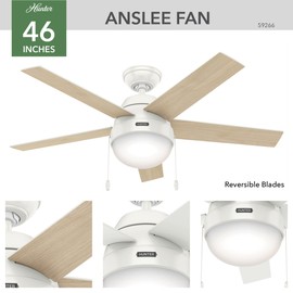 Hunter 46 inch Indoor Ceiling Fan with LED Light - White Ceiling Fan with Pull Chain, For Bedroom, Living Room, or Kitchen, Standard Mount, No Remote, 5 Blades - Anslee 59266, Fresh White
