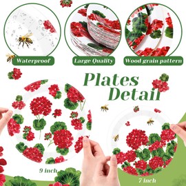 Funnymoom 60 Pcs Spring Geranium Paper Plates 9 in and 7 in Red Floral Disposable Party Plates Summer Bee Flower Paper Dinner Dessert Tableware for Wedding Baby Shower Party Table Decor Supplies
