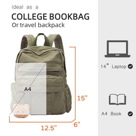 Phaoullzon Medium Canvas Laptop Backpack for Women, Girls School Backpacks Vintage College Bookbag, Dark Green