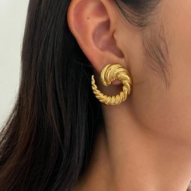 ALRNBY Gold Earrings for Women Dainty Chunky Earrings Gold Statement Earrings Spiral Croissant Stud Earrings Party Accessories Trendy Vintage Classy Jewelry Birthday Gift 2024