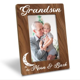 Grandson Gift from Grandparents, I Love You to the Moon & Back Photo Frame, Holds 4 x 6 Inch Photo, Farmhouse Wooden Picture Frame Gifts, Grandson Birthday Gift Idea, Christmas Gifts for Grandkids A1