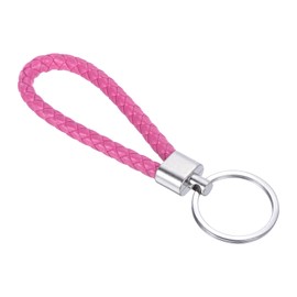 PATIKIL Braided Leather Keychain with Stainless Steel Key Ring, PU Woven Wristlet Lanyard Strap Fob Keyring Holder for Car Bag Wallet Pendant, Rose Red