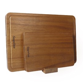 Sapviao Teak Wood Cutting Board Set Solid Unibody Design One Piece Durable Knife Friendly Wooden Chopping Board with DeepJuice Grooves Built in Handles for Kitchen Meat 16.9 X 11.8 &11.8 X 7.9 IN