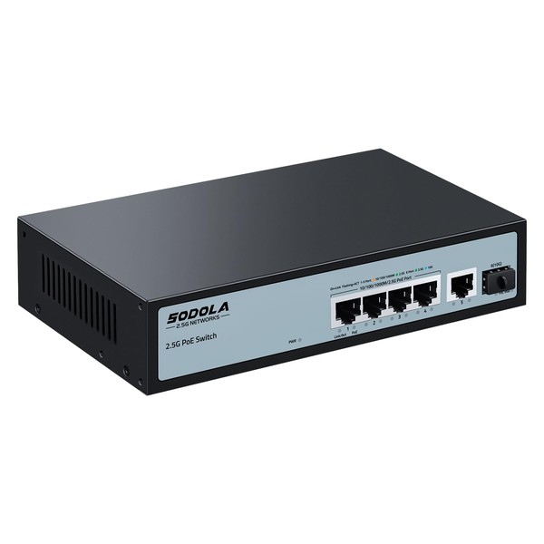 SODOLA 6 Port 2.5G PoE Switch Unmanaged|1X 10G SFP&4 x 2.5GBASE-T POE Ports, IEEE802.3af/at, 65W, Plug & Play/ Desktop & Wall Mount POE Netwotk Switch