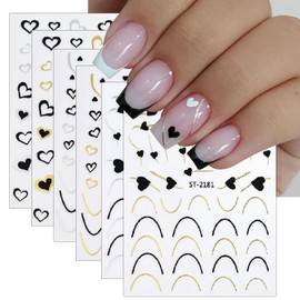 6Sheets Valentine's Day French Nail Art Stickers Hollow Peach Heart 3D Self Adhesive Nail Stickers-Valentine's Nail Supplies French Lines Hearts Nail Decals for Women Valentine Holiday Nail Decoration