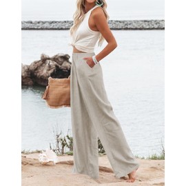 Hooever Womens Cotton Linen Pants Casual Button Up High Waisted Wide Leg Trousers(haki-XL) Khaki