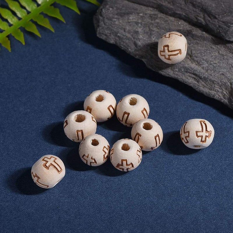 Cheriswelry 200pcs 10mm Natural Unfinished Round Wood Beads with Cross
