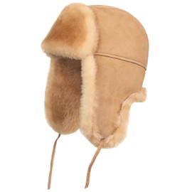 Zavelio Unisex Shearling Sheepskin Leather Aviator Russian Ushanka Trapper Winter Fur Hat, Tan, X-Large
