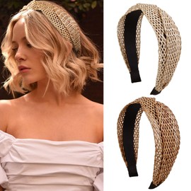 Tobeffect Straw Headbands for Women, 2 Packs Woven Twist Headbands Braided Fashion Boho Hairbands Non Slip Wide Rattan Head Bands Hollowed Hair Accessories