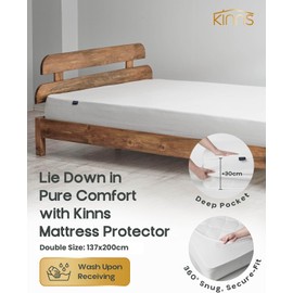 KINNS Waterproof Double Mattress Protector - 30cm Deep Fit Mattress Protector Double Bed - Pure Cotton Surface with Waterproof Layer - Terry Towelling Mattress Covers Double Bed Fitted Anti-Allergy