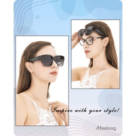 Meeloog Polarized Fit Over Glasses Sunglasses for Women, Square Wrap Around Lightweight Shades for Driving Riding MST0099, P1 Black Frame/Grey Lens, One Size