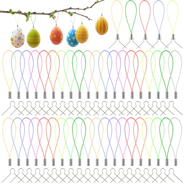 VEGCOO Pack of 180 Easter Eggs for Hanging Rope + 180 Pieces Easter Egg Hooks Easter Egg Hangers for Easter Eggs Indoor and Outdoor Decoration
