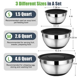P&P CHEF Mixing Bowl with Black Lids Set of 3, Stainless Steel Nesting Salad Bowls for Serving Preparing, 3 Grater Attachments & Non-Slip Bottoms, Size 1.5/2.6/4.6 QT