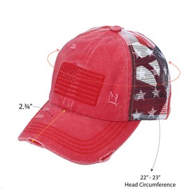 C.C Women's Criss-Cross Ponytail Baseball Cap – Embroidered Cotton Front, American Flag Mesh Back, Adjustable Velcro (Red)