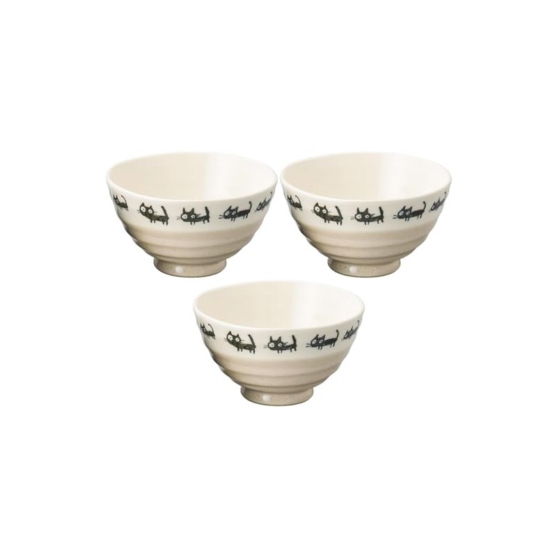 Set of 3 Beige Black Cat Rice Bowls (4.5 x