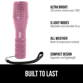 GORILLA GRIP Powerful LED 750 FT Water Resistant 5 Adjustable Mode Tactical Flashlight, High Lumens Ultra Bright Battery Life Zoom Flashlights, Small Camping Car Mini Flash Light Accessories, Pink
