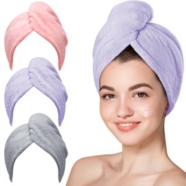 Hicober Hicober Microfiber Hair Towel, 3 Packs Turbans for Wet Hair, Drying Wrap Towels Curly Women Anti Frizz (Pink,Purple,Grey)