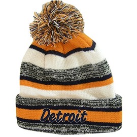 Detroit 4-Color Embroidered Adult Size Thick Winter Knit Pom Beanie Hat (Dark Blue Script)
