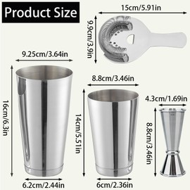 Boston Cocktail Shaker Set, 17 oz and 24 oz Stainless Steel Weighted Shaker Tins, Professional Bar Tools for Bartender, with Strainer and Measuring Cup (Silver)