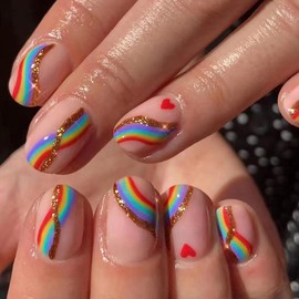 24Pcs Press on Nails Short, Rainbow Fake Nails Square, Glitter Press on Acrylic French False Nails Tips with Design, Colorful Stripes Heart Glossy Artificial Nails Nude Pink Stick On Nail