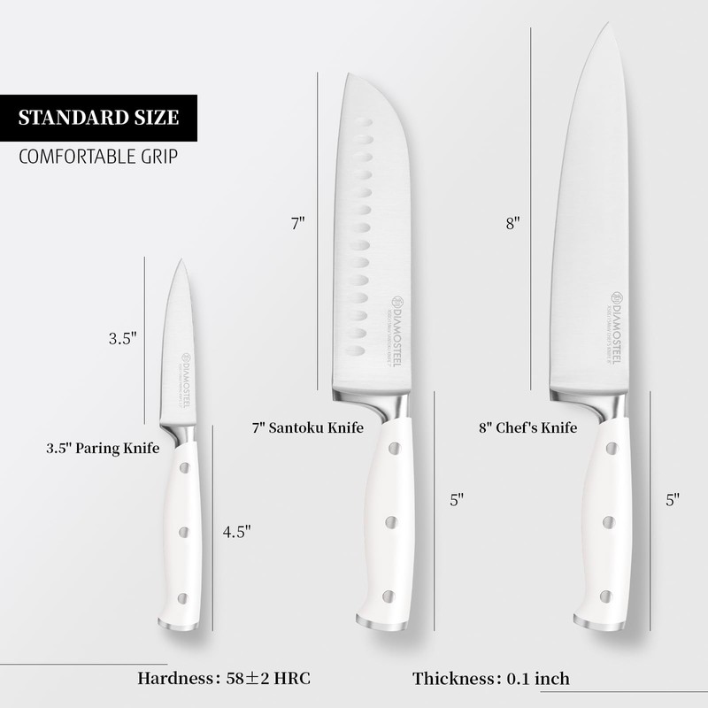 diamosteel White Knife Set, 3-Piece Knives Set for Kitchen with