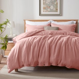 TOSMO 100% Linen King Duvet Cover Set, Luxury French Flax Natural Linen Duvet Cover with Button Closure & Corner Ties, Cooling Breathable Comforter Cover 3 Piece (Rose Pink)