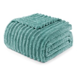 Exclusivo Mezcla Queen Size Flannel Fleece Blanket, Super Soft Striped Jacquard Bed Blanket, Lightweight Fuzzy Cozy for All Seasons, 90x90 Inches, Celadon