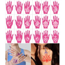 XMASIR 18 Sheets (9 Pairs) Pink Indian Arabic Henna Tattoo Stencils Kit for Hand, Temporary Tattoo Stencil Sticker Glitter AirBrush Tattoo for Women Girls (18P)
