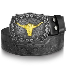RechicGu Western Cowboy Black Leather Belts With Long Horn Bull Buckles, Floral Engraved Rodeo Belt Strap for Men Women Gift, Silver Skull Bull,black, M-Fit waist size(35"-39")