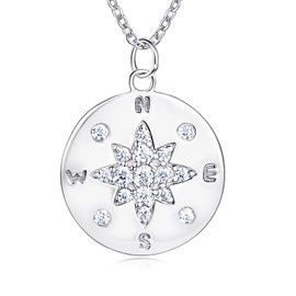 BlingGem Necklace for Women 925 Sterling Silver North Star Pendant Compass Locket Necklace Engraved Direction Cubic Zirconia Birthday Anniversary Jewellery Gift for Women, Sterling Silver, Cubic