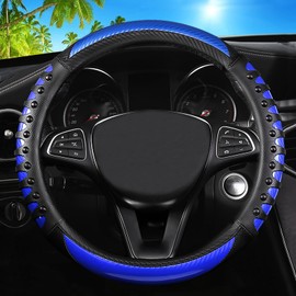 3D Blue Massage Car Steering Wheel Cover,14.5-15 Inch Universal Carbon Fibre Leather Covers Breathable Anti-Slip Odorless Steering Wheels Accessories for Men Women