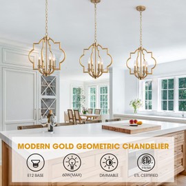 ACANER 4-Light Brushed Gold Chandeliers for Dining Room, 15.6" Farmhouse Geometric Pendant Light Fixture for Entryway Foyer Kitchen Bathroom Over Sink