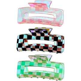 Checkered Rectangle Hair Claw Clips for Women, Large Multicolored Checkered Hair Clip Acrylic Claw Jaw Barrettes Plastic Styling Clamps Accessories for Thin, Thick Hair (3 Pack)
