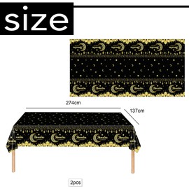 Black Gold Eid Mubarak Tablecloths 137*274cm Ramadan Mubarak Table Cover,2pcs Moon&Star Rectangular Plastic Disposable Tablecover for Ramadan Umrah Mubarak Islam Muslim Home Room Dinning Table Décor