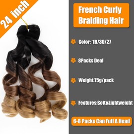Curly Braiding Hair 24 Inch Pre Stretched Bouncy Braiding Hair Loose Wave Braiding Hair 8 Packs French Curly Hair,Braiding Hair With Curly Ends French Curl Braids Crochet Hair Extensions (1B/30/27)