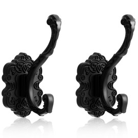 Zonon 2 Pcs Vintage Coat Hooks Antique Black Wall Hooks for Hanging Purse Hat Keys Clothes Curtain Unique Heavy Duty Bathroom Decor