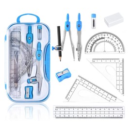 Geometrie Anzug,Geometrieset 10-Teilig mit Zirkel,Schulzirkel Geometriezirkel Mathematik Geometrie-Sets und Winkelmesser, Geodreieck, Parabel, Bleistift, Radierer - praktisches Mathematik-Set,Blau.