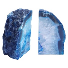 Sisamn Natural Blue Dyed Agate Geode Bookends - 2 to 3 lb Heavy Duty Rock Crystal Stone Book Ends for Shelves, with Rubber Bumpers, Decorative Book Holders for Home Office