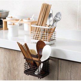 SakaSK Chopstick Stand, Cutlery Stand, Drainer, Spoon, Fork, Storable, Stainless Steel Compartments, with Hooks (Brown (Brown))