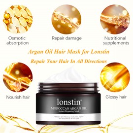 lonstin Argan Oil Hair Mask, Hair Care, Hair Treatment, Deep Conditioner, Instant Repair Mask for Dry, Stressed Curly, Dyed Bleached Hair, Reduce Split Ends & Frizz Control, 300 ml