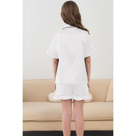 Hupohoi Summer Satin Pajama 2 Pieces Ruffles Sleeve Shorts Loung Sets Button Down Sleepwear for Teen Girls with Pockets, White, 12