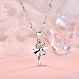 Your choice natural stone 925 Sterling Silver, Lucky Clover 4 Leaves Pendant, Short Style Chain, Gift