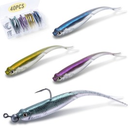 Goture Drop Shot Minnow Soft Lure, Midost, Saltwater Fishing, Freshwater Fishing, 0.07 oz (1.8 g), Worm, 2.75 inches (7 cm), 4 Colors, 0.4 oz (1 g) with Midost Hooks (10 Pieces), Set of 40