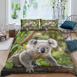 JIARAO Children's Bed Linen Set 135 x 200 cm 3D Print Koala on Eucalyptus Bed Linen 100% Microfibre Soft with Zip Country Animals Summer Duvet Covers and 2 Pillowcases 80 x 80 cm