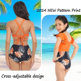 Matching Family Swimsuits Ruffle Bathing Suits Mommy and Me Swimwear Two Pieces Bikini Set, Orange, Large