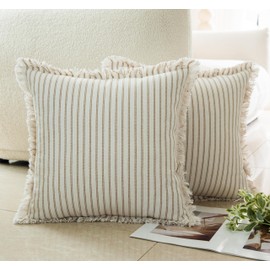 LIGICKY Set of 2 Fringe Cushion Covers with Tassels Khaki Boho Farmhouse Striped Throw Pillow Covers Soft Square Cushion Cases for Sofa Couch Bed Living Room Decor, 18 x 18 inch